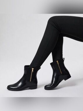 Cougar Black Ankle Rain Boots | Gold Zipper |Waterproof Low Heel Booties